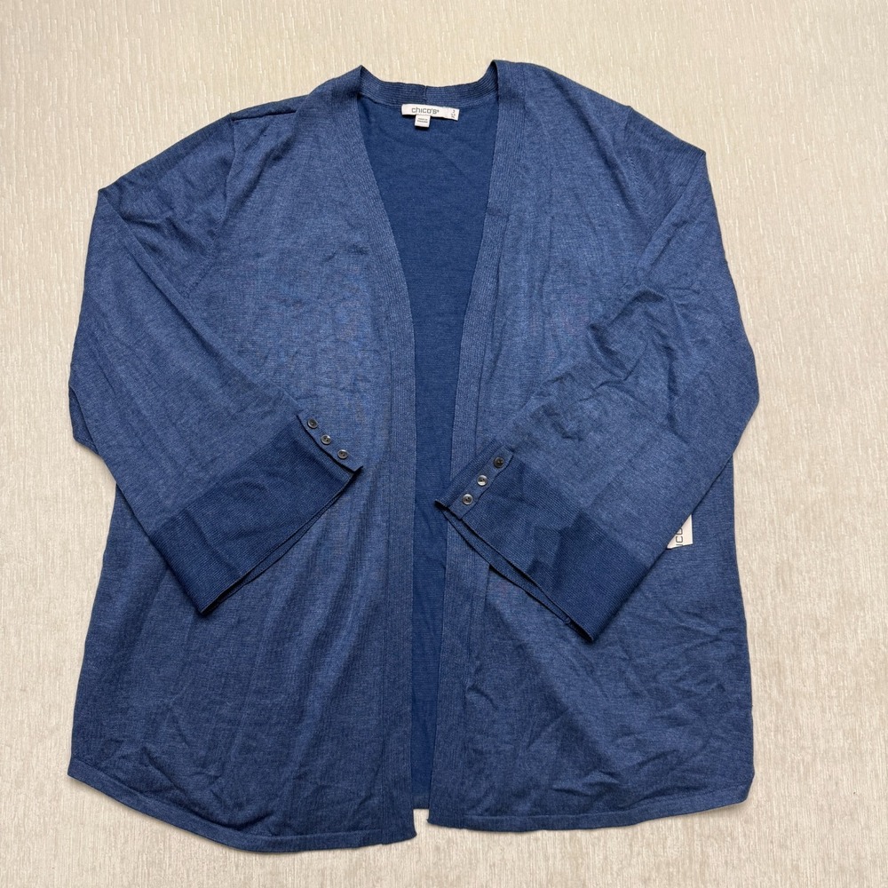 Chico's Open Front Cardigan Sweater Womens XL Sz 3 Blue Soft Knit Career Casual